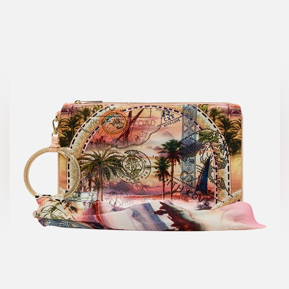 Camilla “Millas Got Mail” Egypt motif silk ring scarf clutch wristlet bag sac